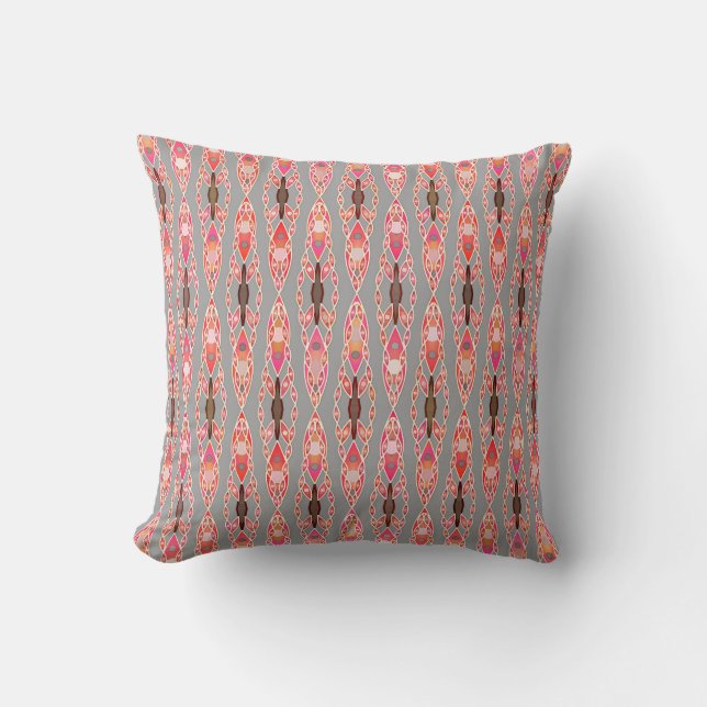 Tribal Batik - Coral Pink and Silver Grey Throw Pillow (Front)