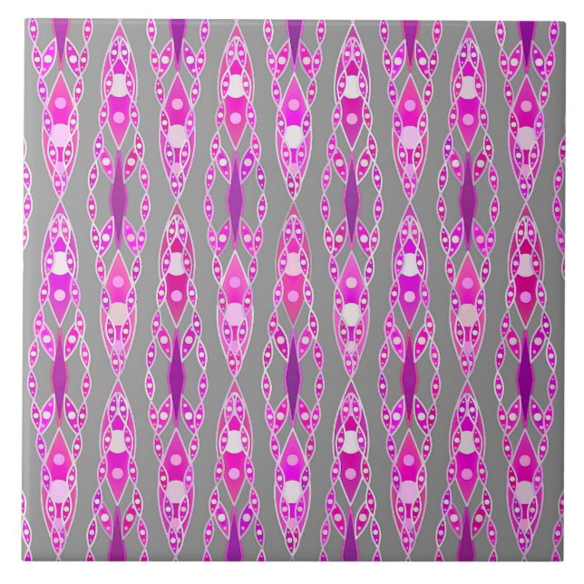 Tribal Batik - Fuchsia Pink, Violet and Grey Ceramic Tile (Front)