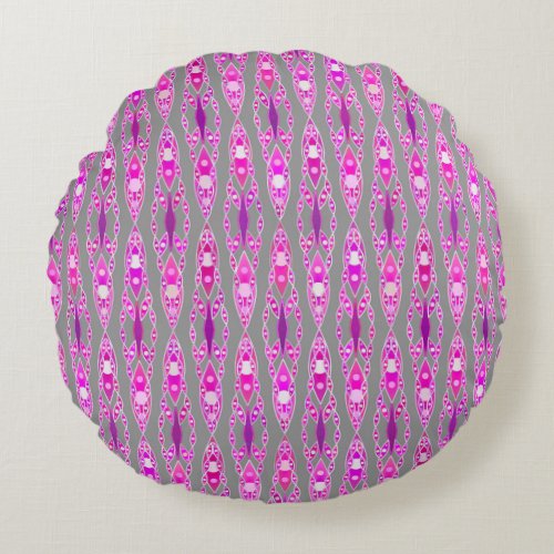 Tribal Batik _ Fuchsia Pink Violet and Grey Round Pillow