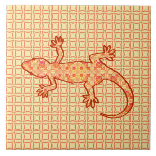 Tribal batik Gecko - coral and light orange Ceramic Tile