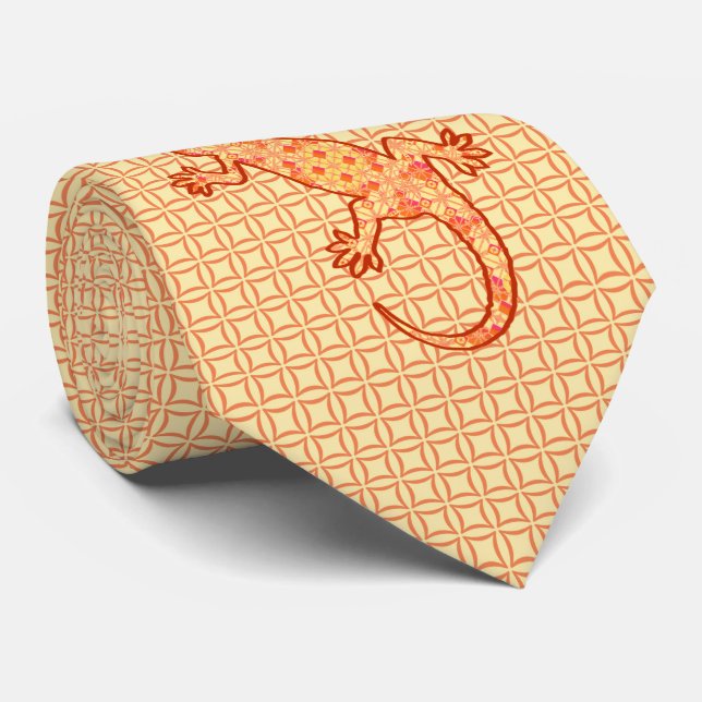 Tribal batik Gecko - coral and light orange Neck Tie (Rolled)