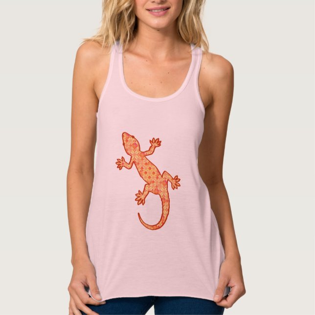 Tribal batik Gecko - coral and light orange Tank Top (Front)