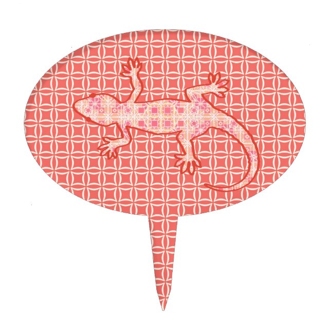 Tribal batik Gecko - coral pink and cream Cake Topper (Front)