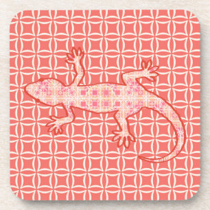 Tribal batik Gecko - coral pink and cream Coaster