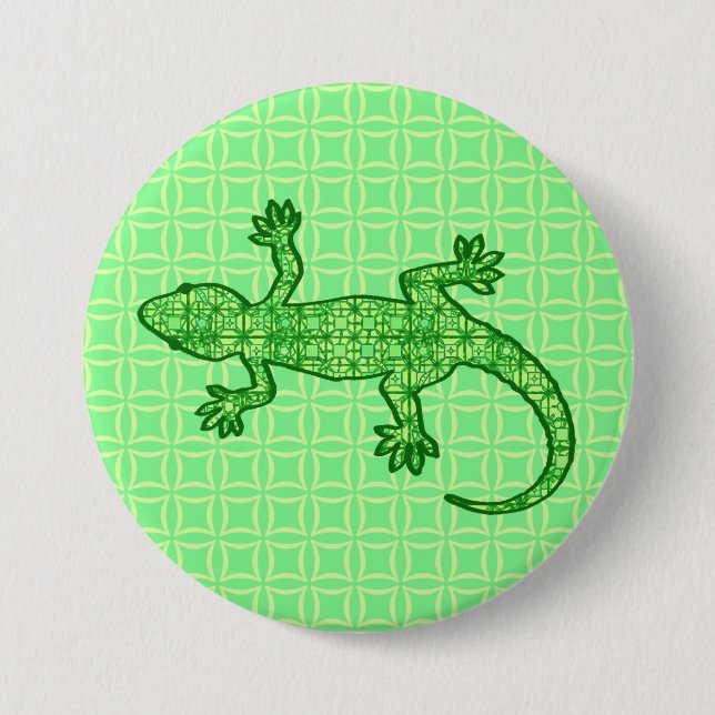 Tribal batik Gecko - lime and emerald green Button (Front)