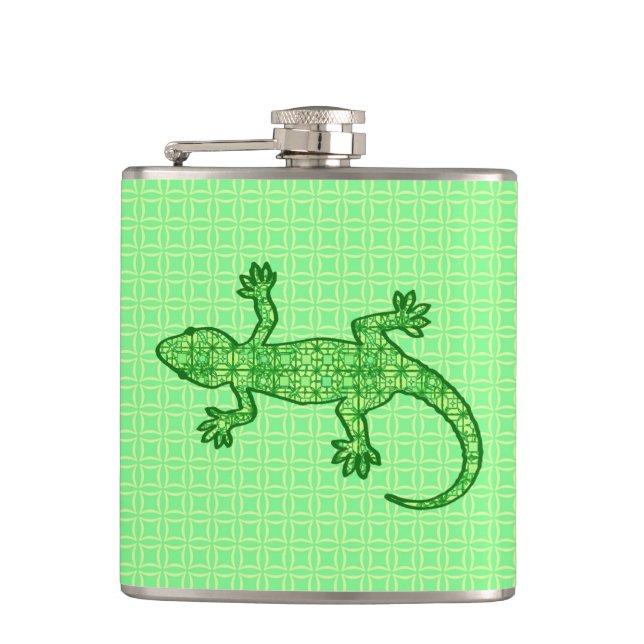 Tribal batik Gecko - lime and emerald green Flask (Front)