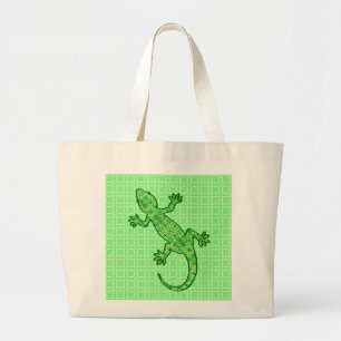 Tribal batik Gecko - lime and emerald green Large Tote Bag
