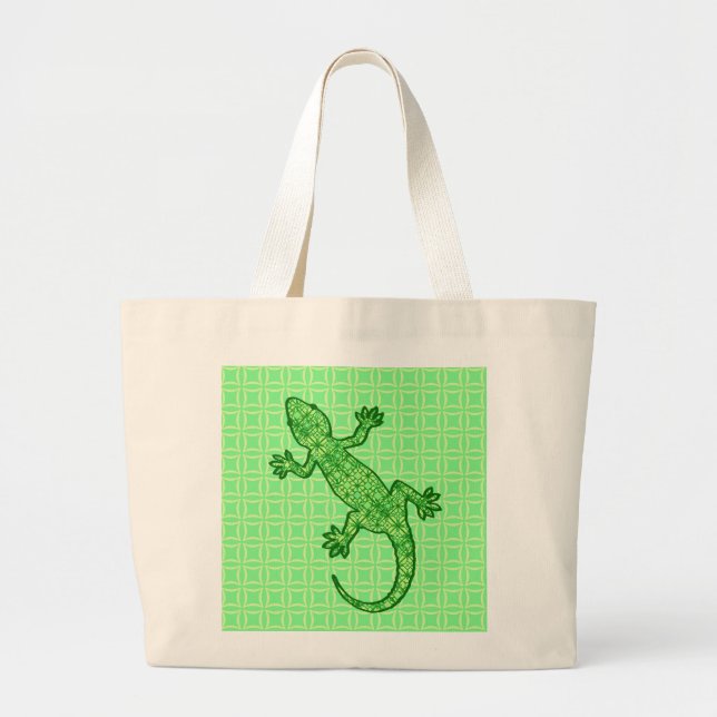 Tribal batik Gecko - lime and emerald green Large Tote Bag (Front)