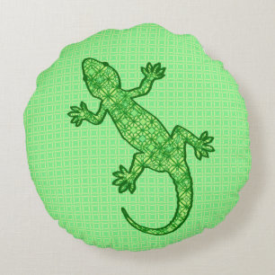 Tribal batik Gecko - lime and emerald green Round Pillow