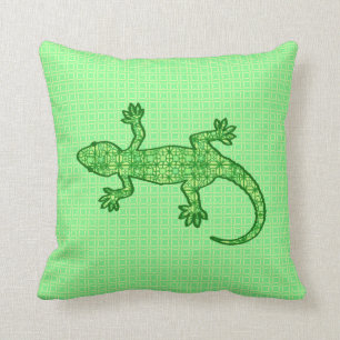 Tribal batik Gecko - lime and emerald green Throw Pillow