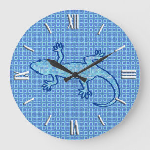 Tribal batik Gecko - soft denim blue Large Clock