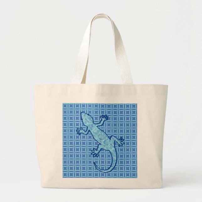 Tribal batik Gecko - soft denim blue Large Tote Bag (Front)