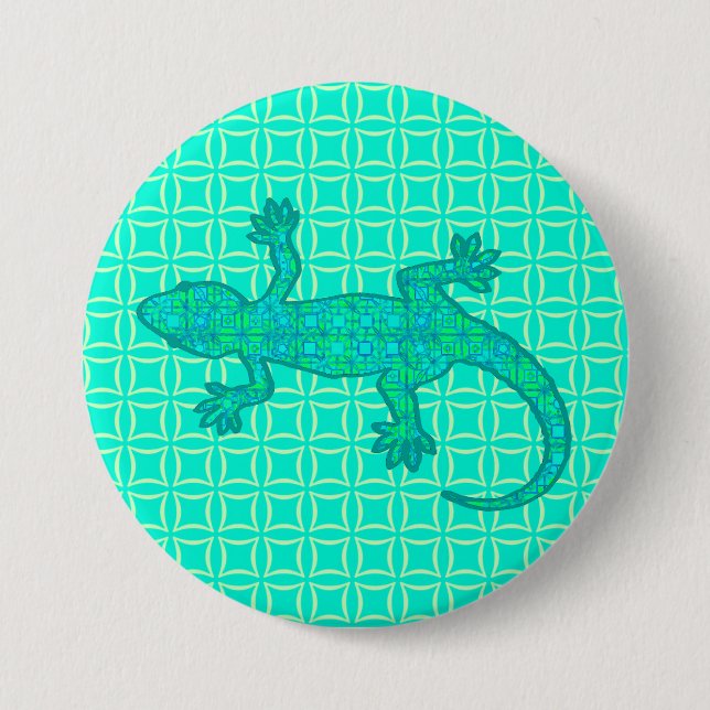 Tribal batik Gecko - turquoise / peacock Button (Front)