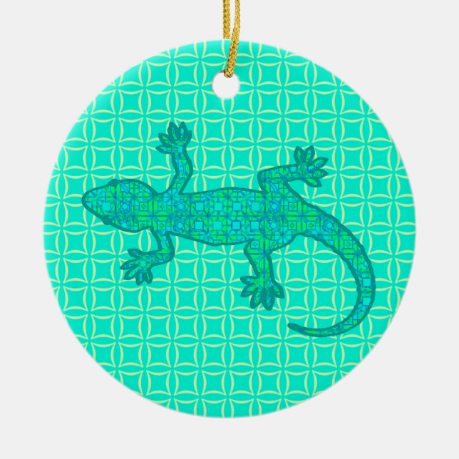 Tribal batik Gecko - turquoise / peacock Ceramic Ornament (Front)
