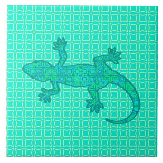 Tribal batik Gecko - turquoise / peacock Ceramic Tile (Front)