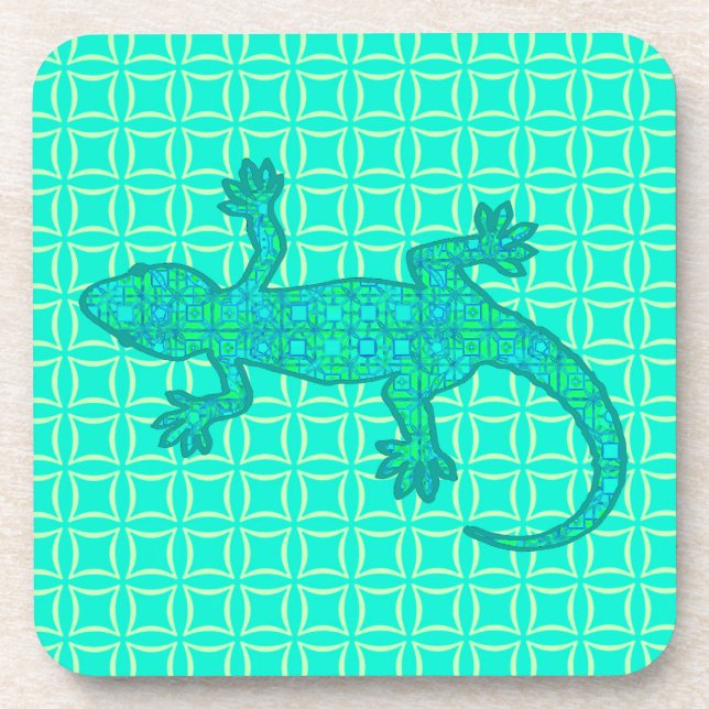 Tribal batik Gecko - turquoise / peacock Drink Coaster (Front)
