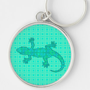 Tribal batik Gecko - turquoise / peacock Keychain