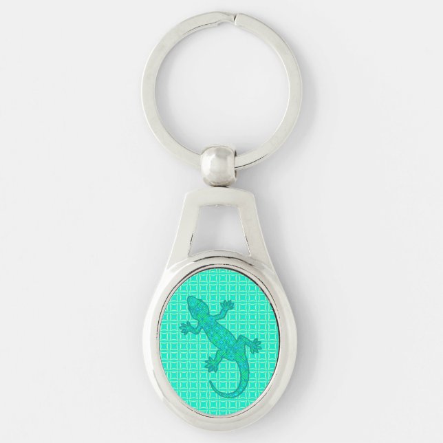 Tribal batik Gecko - turquoise / peacock Keychain (Front)