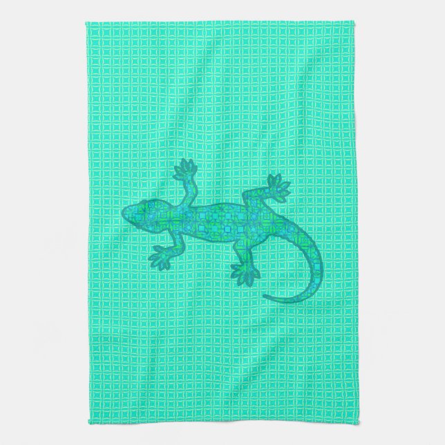 Tribal batik Gecko - turquoise / peacock Kitchen Towel (Vertical)
