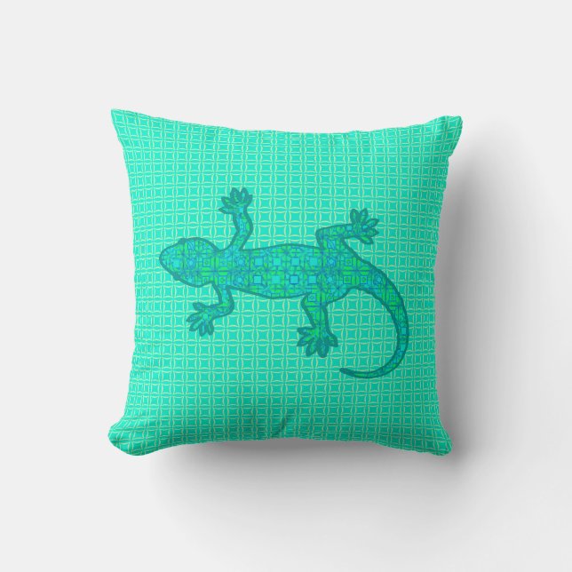 Tribal batik Gecko - turquoise / peacock Throw Pillow (Front)