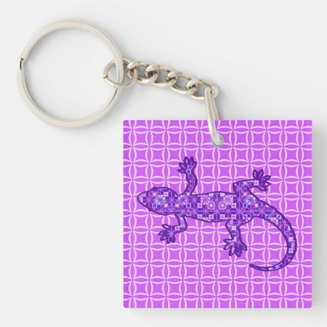 Tribal batik Gecko - violet and amethyst purple Keychain (Front)