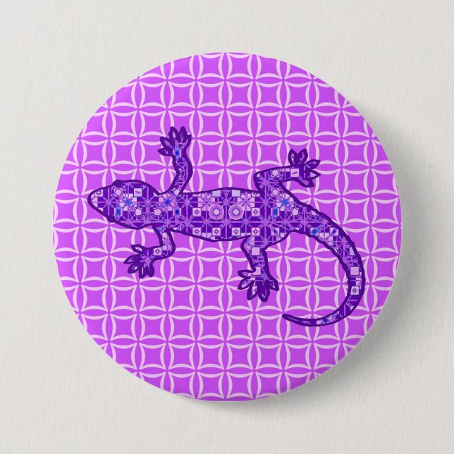 Tribal batik Gecko - violet and amethyst purple Pinback Button (Front)