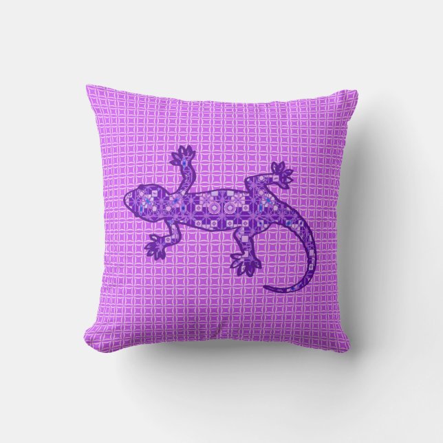 Tribal batik Gecko - violet and amethyst purple Throw Pillow (Front)