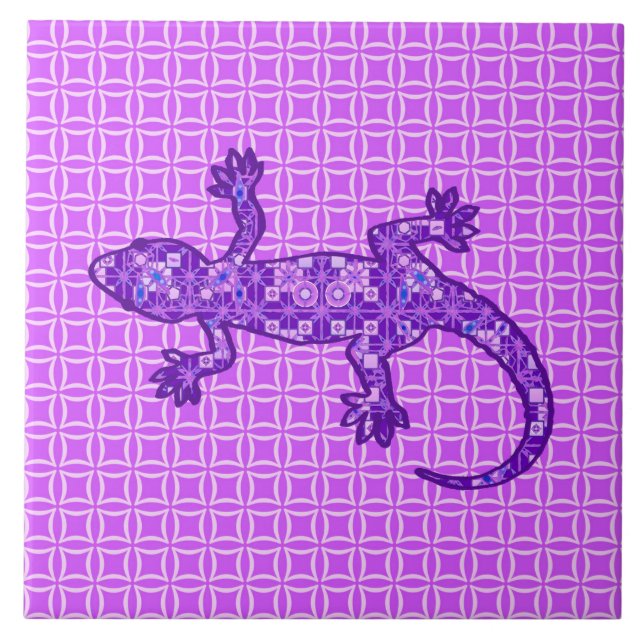 Tribal batik Gecko - violet and amethyst purple Tile (Front)
