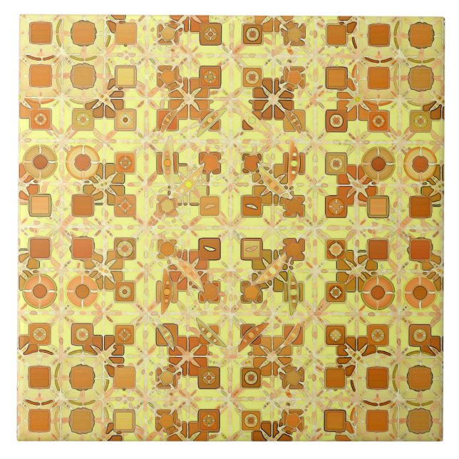 Tribal Batik - golden yellow, brown and tan Ceramic Tile (Front)