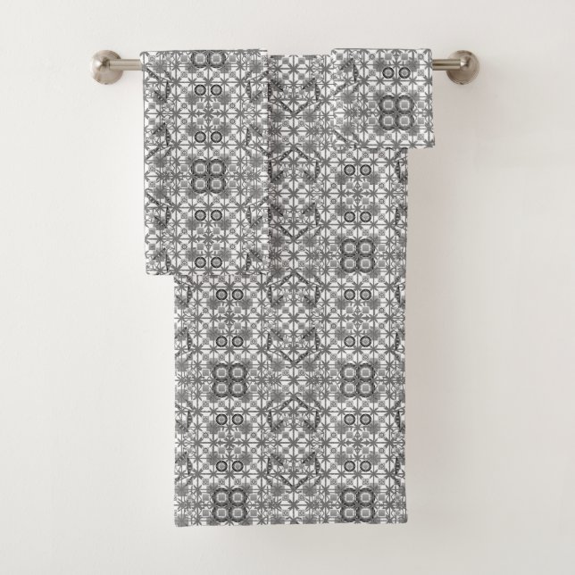 Tribal Batik - grey / gray, black and white Bath Towel Set (Insitu)