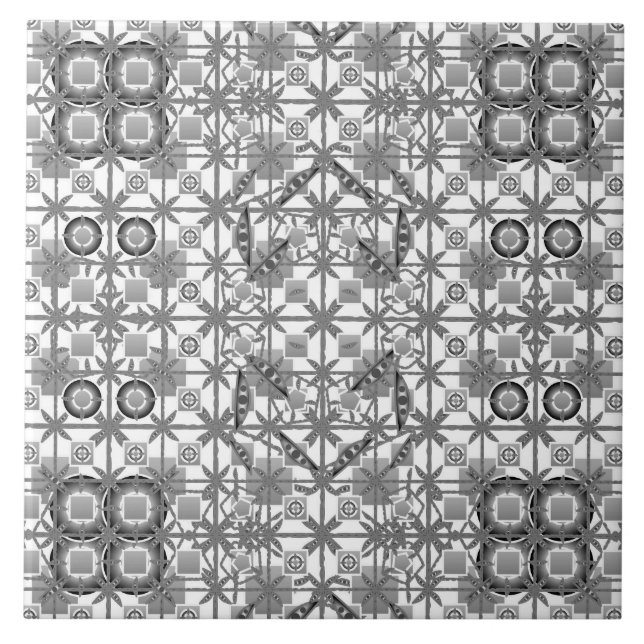 Tribal Batik - grey / gray, black and white Ceramic Tile (Front)