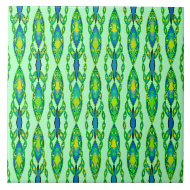 Tribal Batik - Mint, Emerald Green and Blue Ceramic Tile (Front)
