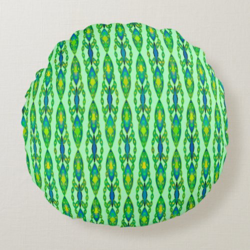 Tribal Batik _ Mint Emerald Green and Blue Round Pillow