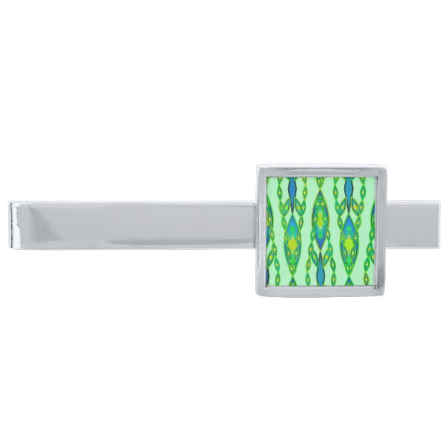 Tribal Batik - Mint, Emerald Green and Blue Silver Finish Tie Bar (Front)