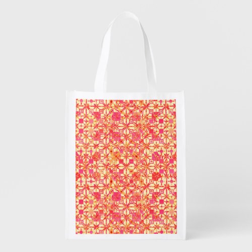 Tribal Batik _ orange coral pink and fuchsia Reusable Grocery Bag