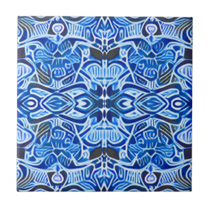 Tribal Batik Pattern in Indigo Blue and White Ceramic Tile