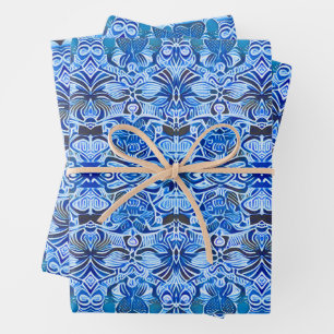 Tribal Batik Pattern in Indigo Blue and White Wrapping Paper Sheets