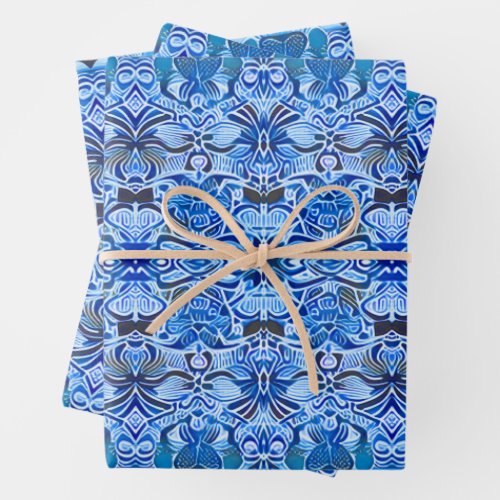 Tribal Batik Pattern in Indigo Blue and White   Wrapping Paper Sheets