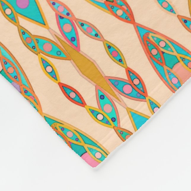 Tribal Batik - Peach Pink and Turquoise Fleece Blanket (Corner)