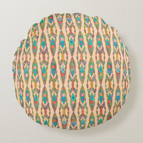 Tribal Batik _ Peach Pink and Turquoise Round Pillow