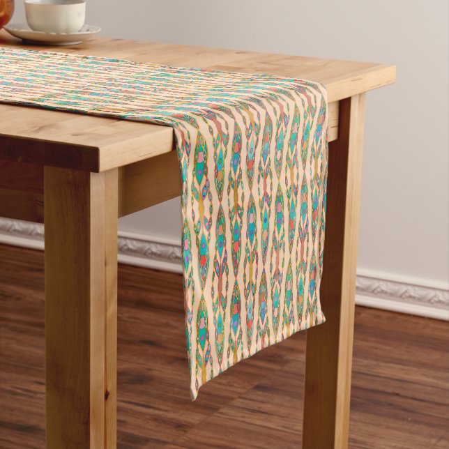 Tribal Batik - Peach Pink and Turquoise Short Table Runner (In Situ)