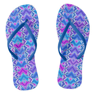Tribal Batik Print, Blue, Violet and White Flip Flops