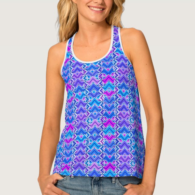 Tribal Batik Print, Blue, Violet and White Tank Top (Front)