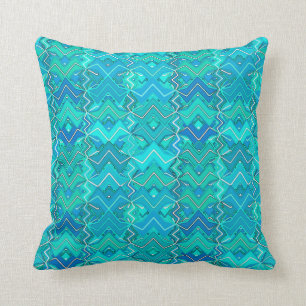 Tribal Batik Print, Turquoise, Aqua and Seafoam Throw Pillow