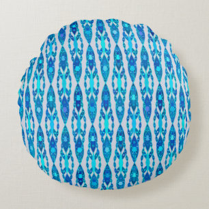 Tribal Batik - Sapphire Blue and Silver Grey Round Pillow
