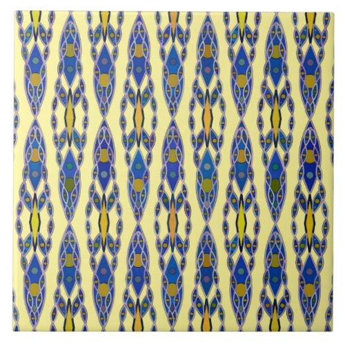 Tribal Batik _ Steel Blue Grey and Yellow Ceramic Tile