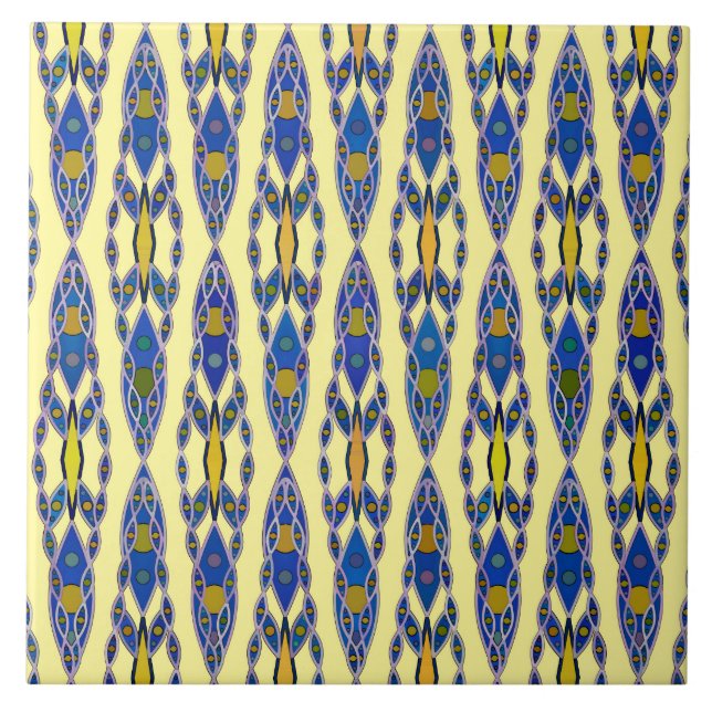 Tribal Batik - Steel Blue, Grey and Yellow Ceramic Tile (Front)