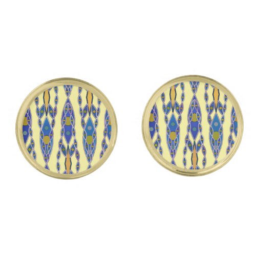 Tribal Batik _ Steel Blue Grey and Yellow Gold Cufflinks