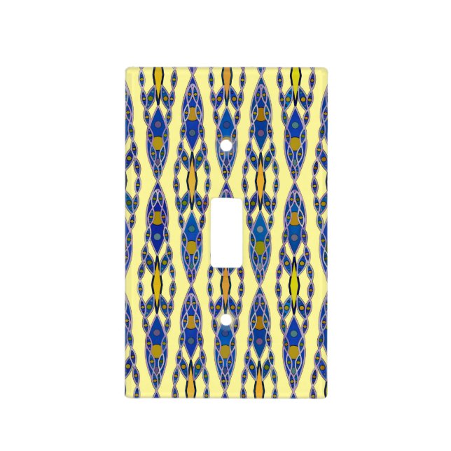 Tribal Batik - Steel Blue, Grey and Yellow Light Switch Cover (Front)