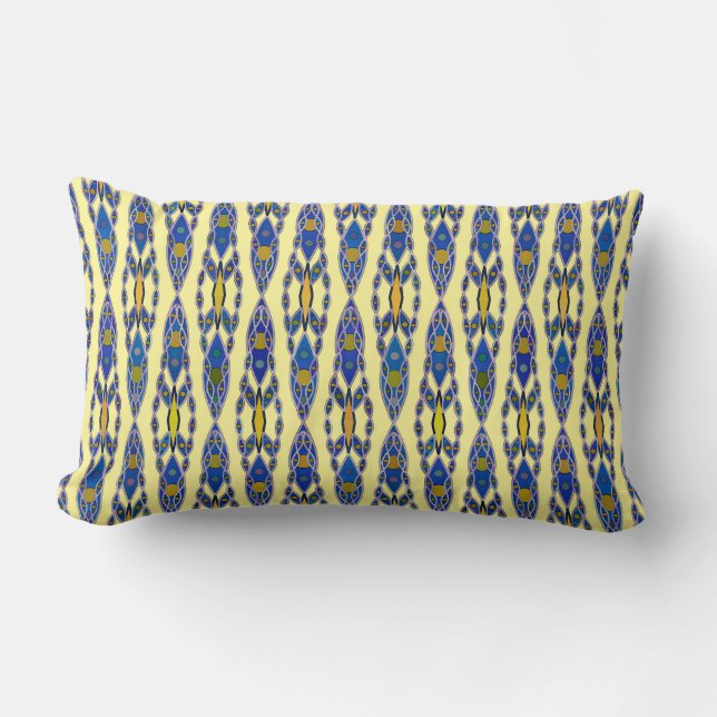 Tribal Batik - Steel Blue, Grey and Yellow Lumbar Pillow (Front)